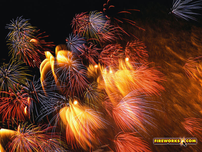 Fireworks Display — Red, Dramatic, Night, Photograph, Night Sky, Explosions, Light Trails, Yellow