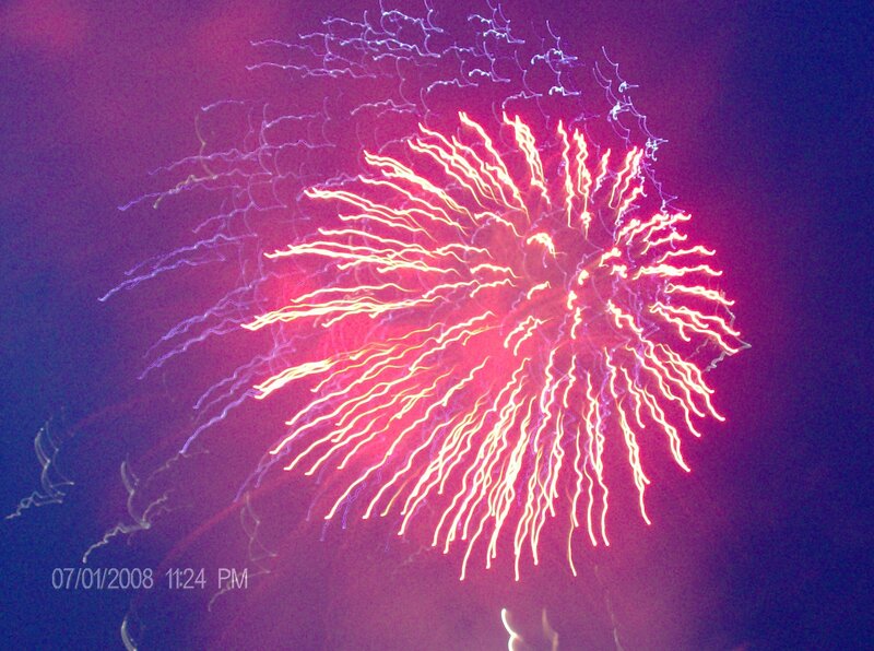 Fireworks Display — Red, Dramatic, Night, Photograph, Night Sky, Light Trails, Purple