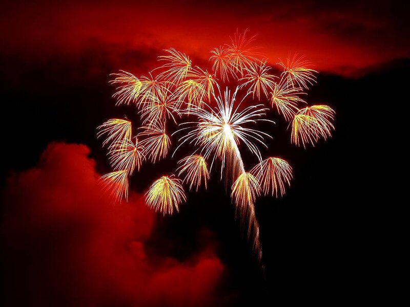 Fireworks Display — Red, Dramatic, Night, Photograph, Sky, Clouds, Black