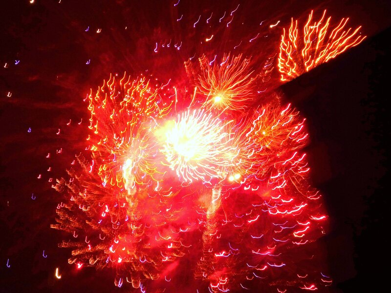 Fireworks Display — Red, Dramatic, Night, Photograph, Sky, Explosions, Yellow