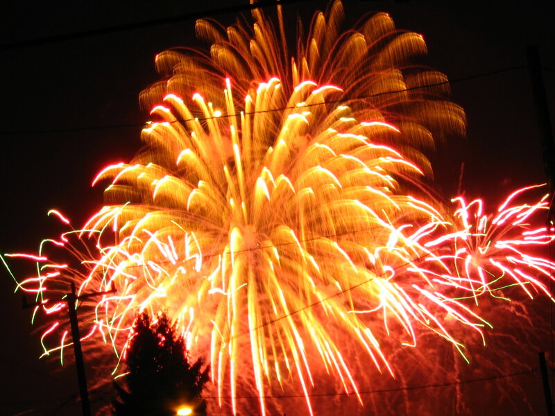 Fireworks Display — Red, Dramatic, Night, Photograph, Trees, Power Lines