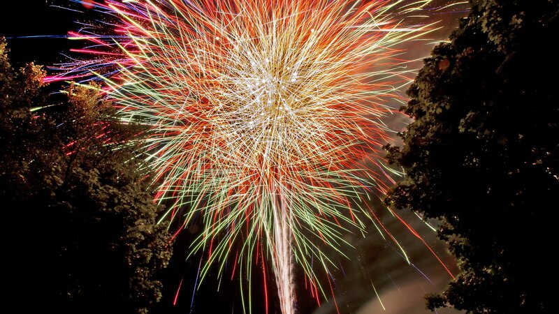 Fireworks Display — Red, Dramatic, Night, Photograph, Trees