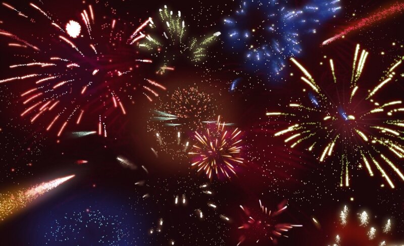 Fireworks Display — Red, Festive, Night, Digital Art