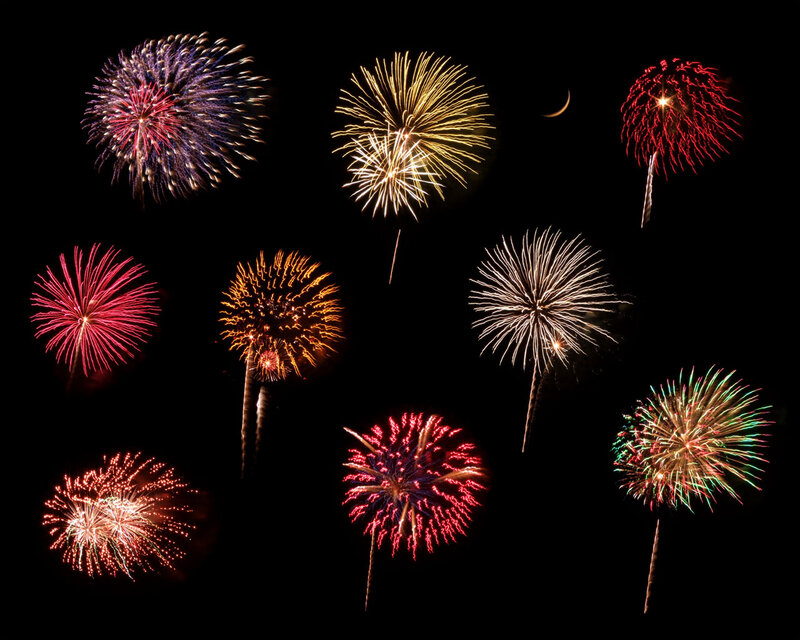 Fireworks Display — Red, Festive, Night, Photograph, Moon