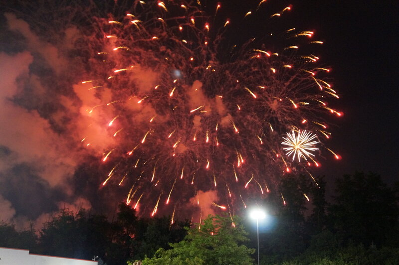 Fireworks Display — Red, Festive, Night, Photograph, Trees