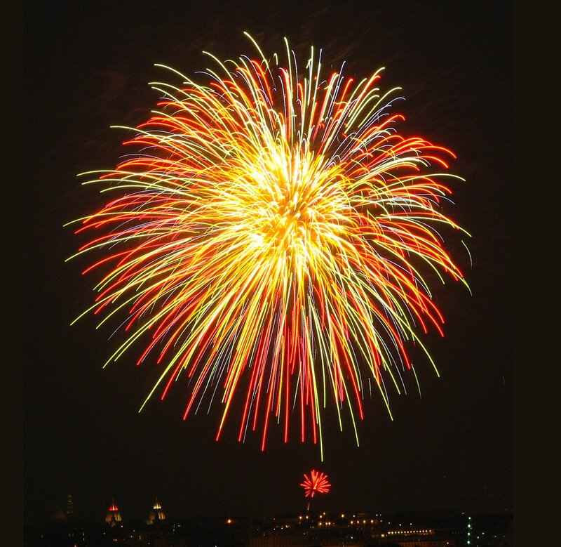 Fireworks Display — Yellow, Dramatic, Night, Photograph, City Skyline