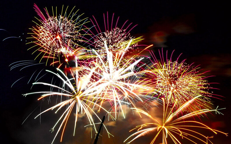 Fireworks Display — Yellow, Dramatic, Night, Photograph, Sky