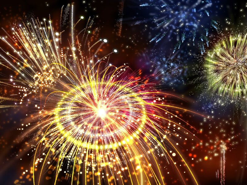 Fireworks Display — Yellow, Festive, Night, Digital Art, Sky