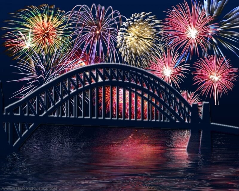 Fireworks over a bridge