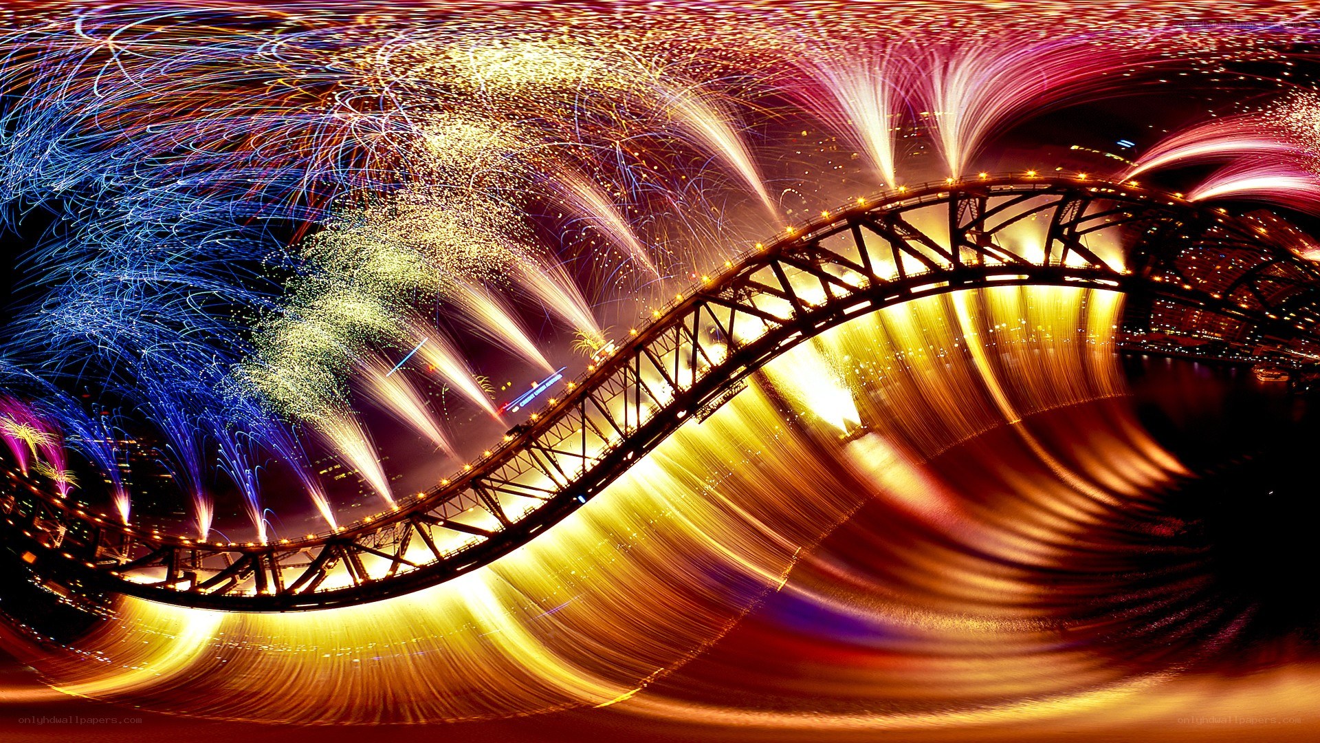 Fireworks over a bridge
