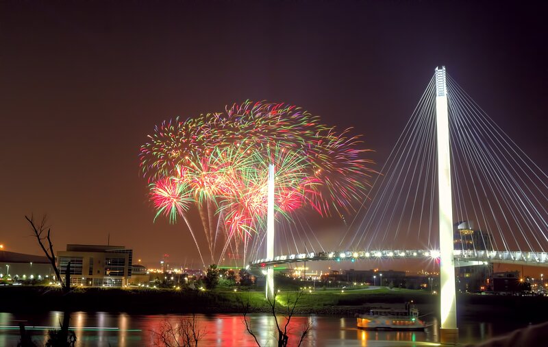Fireworks over a cable-stayed bridge