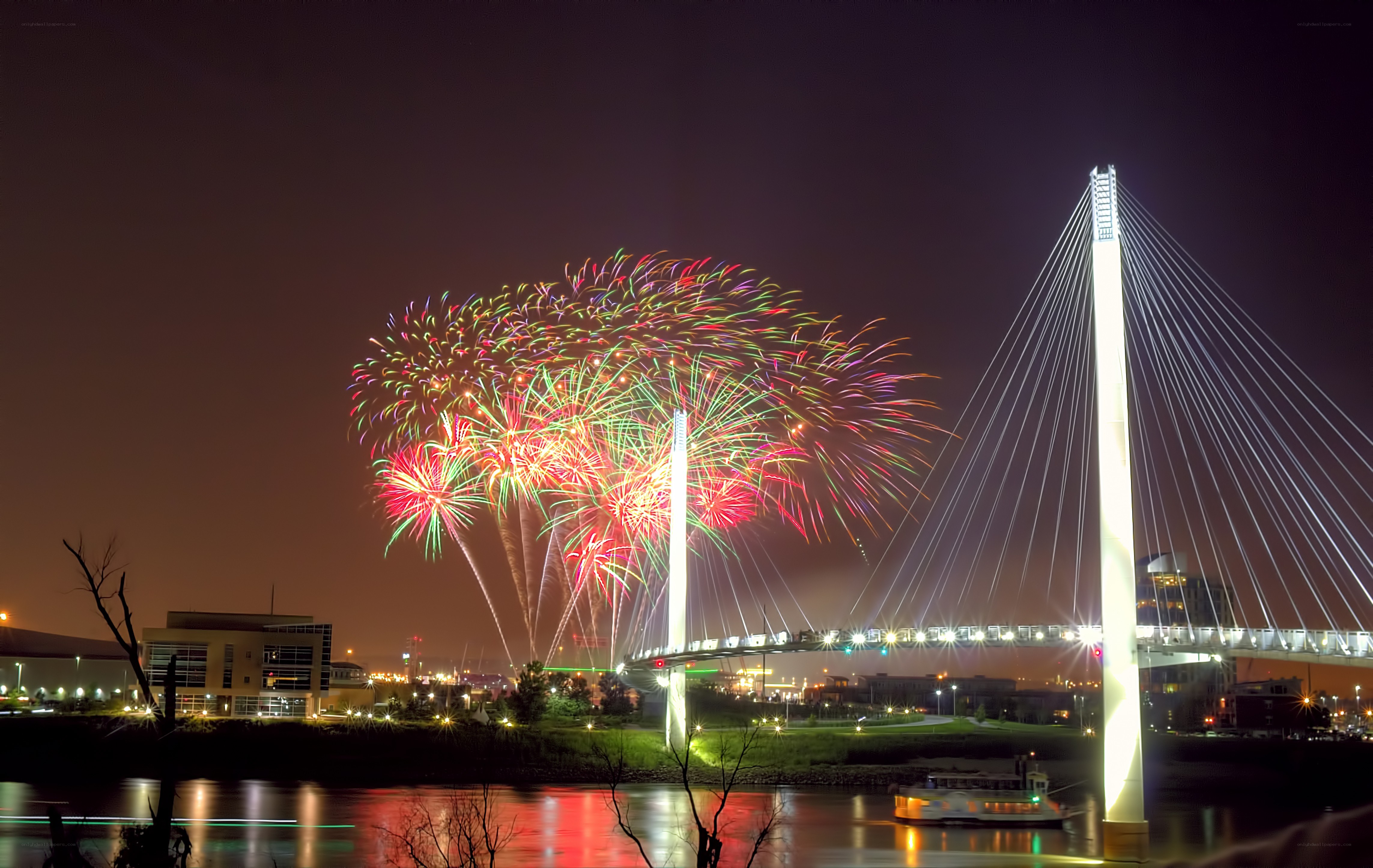 Fireworks over a cable-stayed bridge