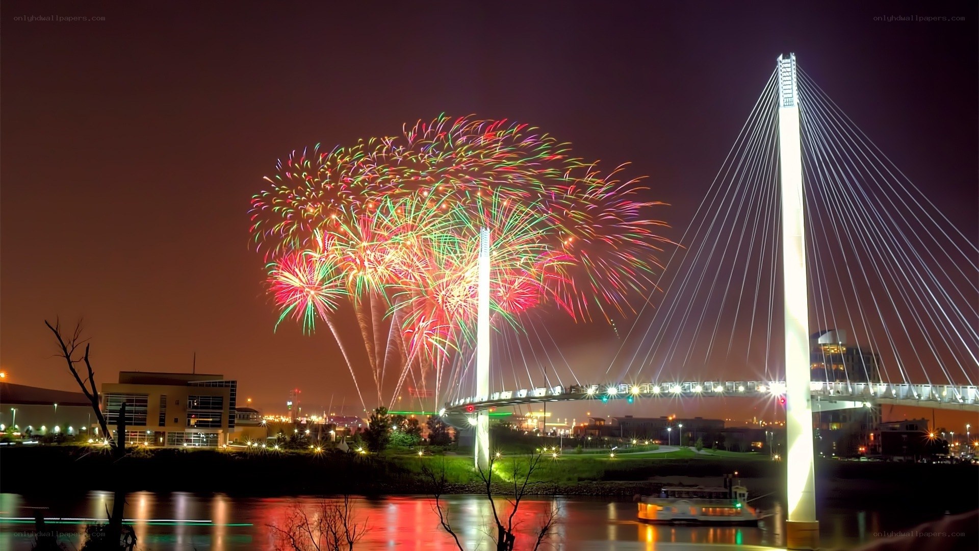 Fireworks over a cable-stayed bridge