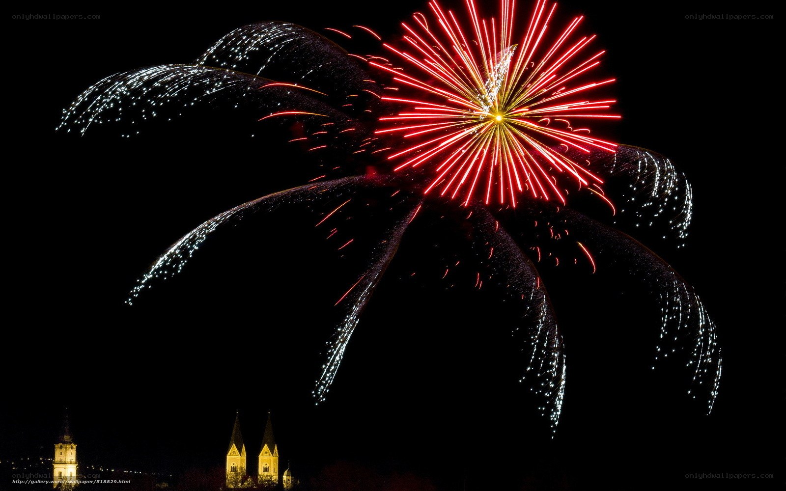 Fireworks over a cathedral at night