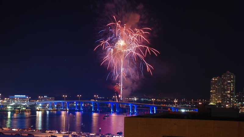 Fireworks over a city bridge