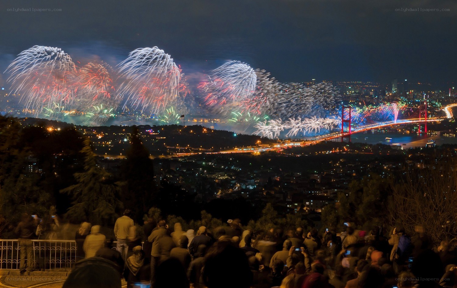 Fireworks over a city bridge