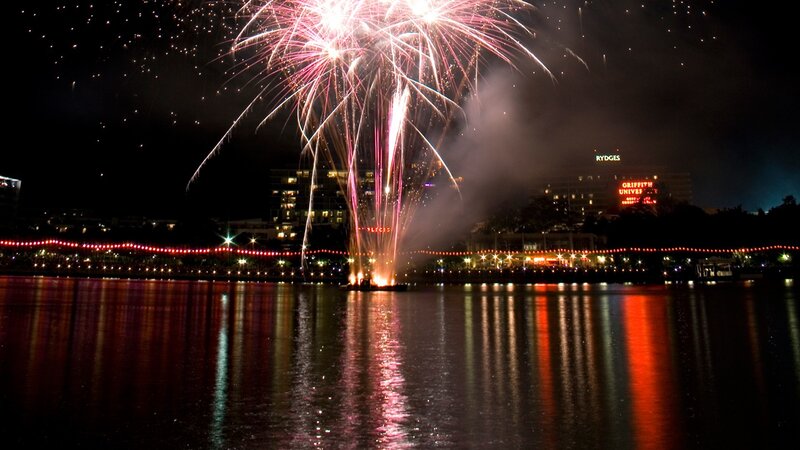 Fireworks over a city lake