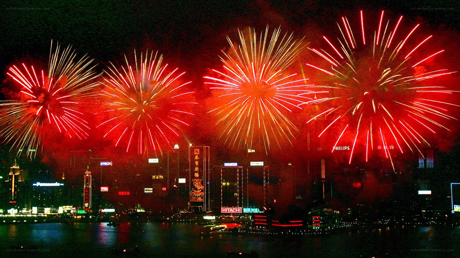 Fireworks over a city skyline