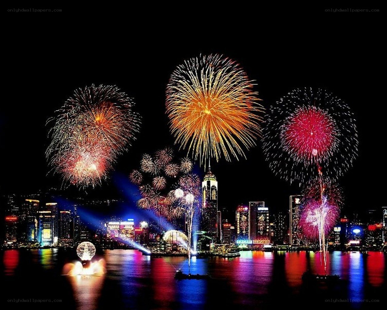 Fireworks over a city skyline