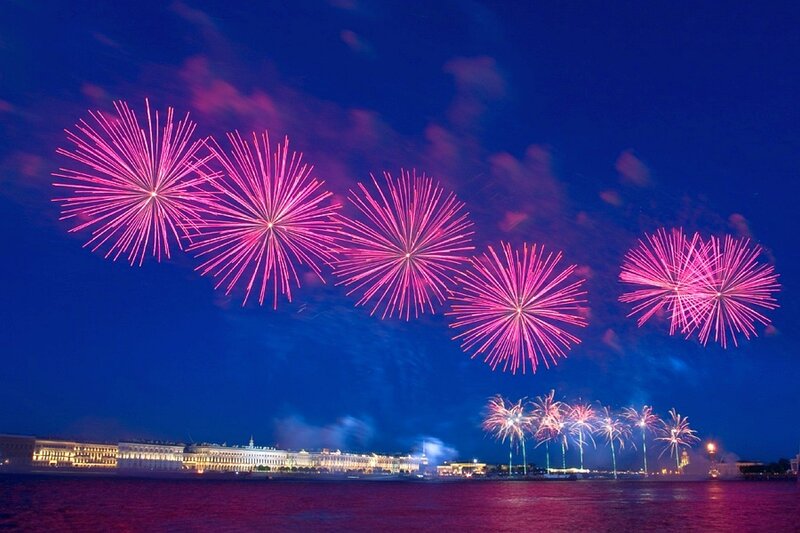 Fireworks over a city skyline