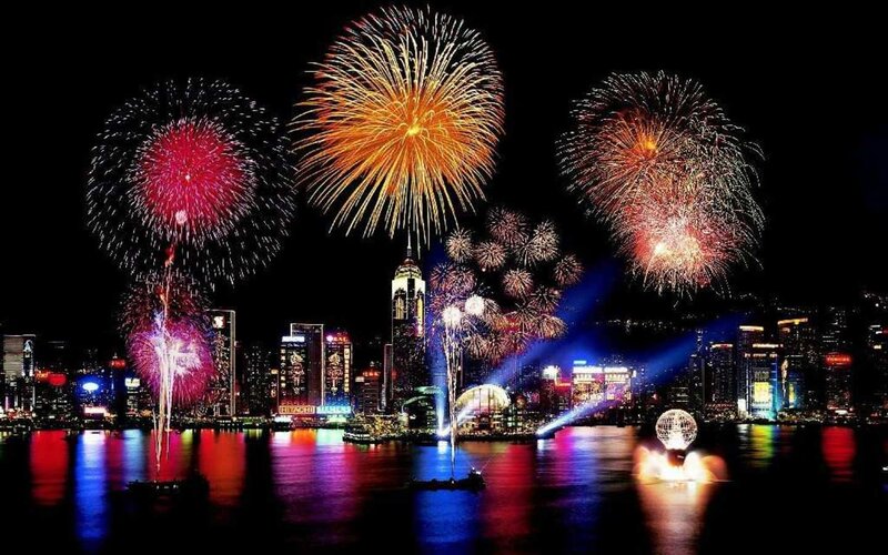Fireworks over a city skyline