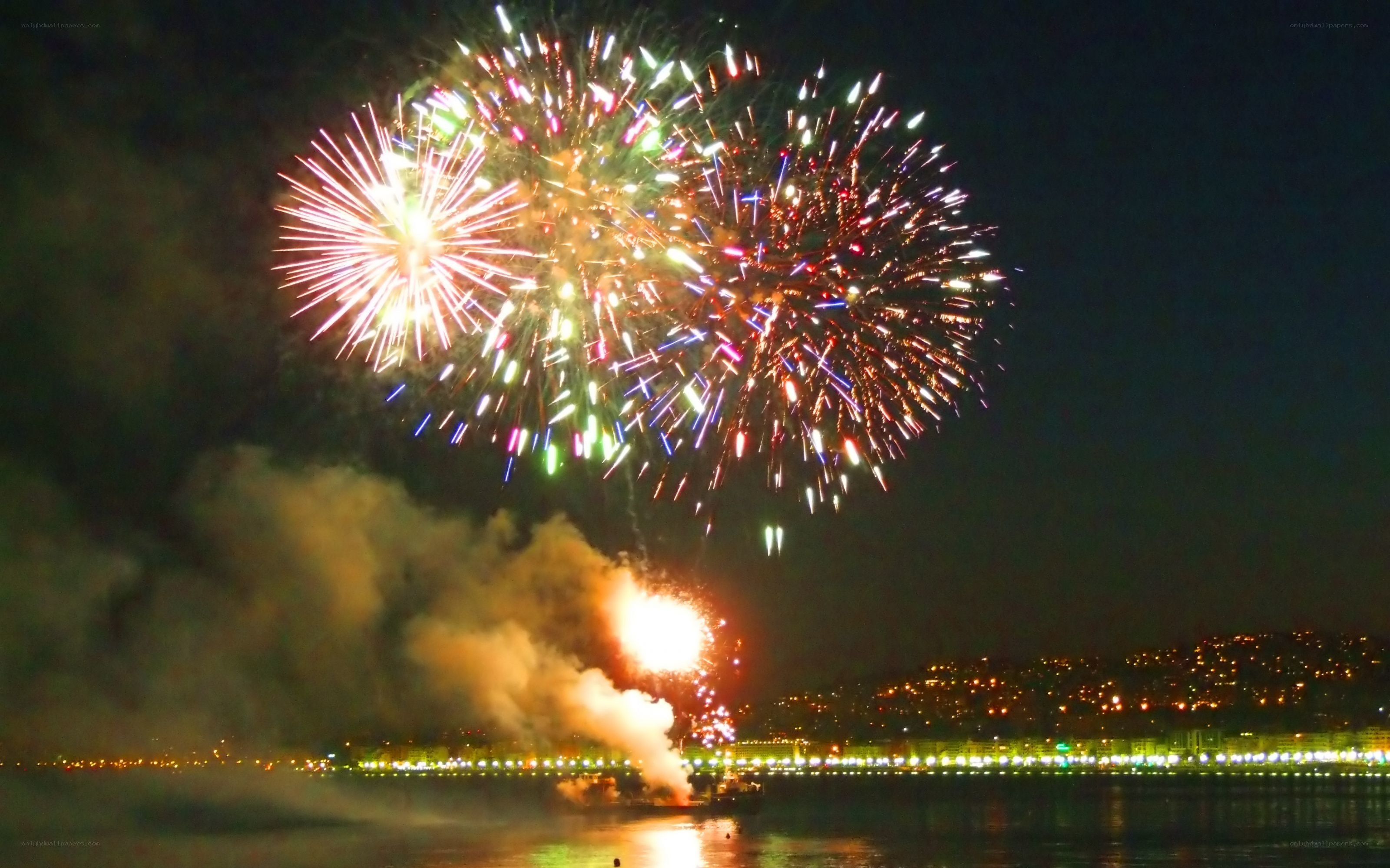Fireworks over a coastal city