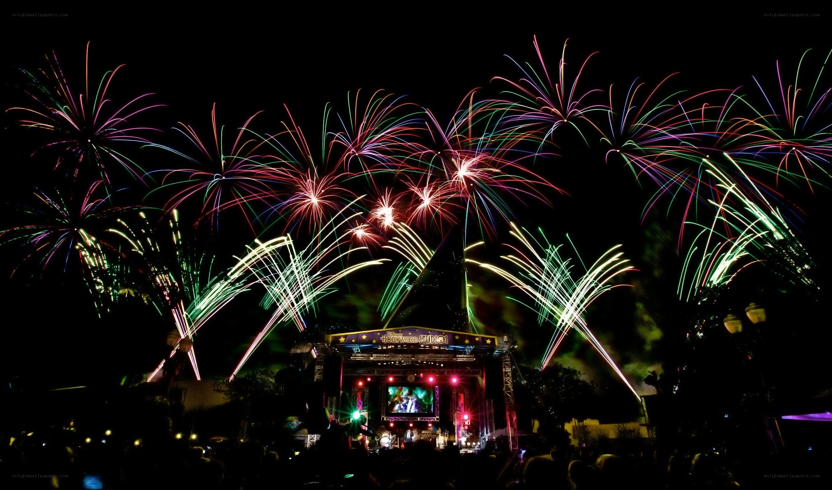 Fireworks over a concert stage