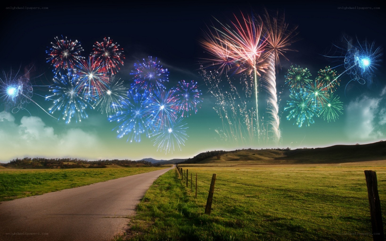 Fireworks over a country road
