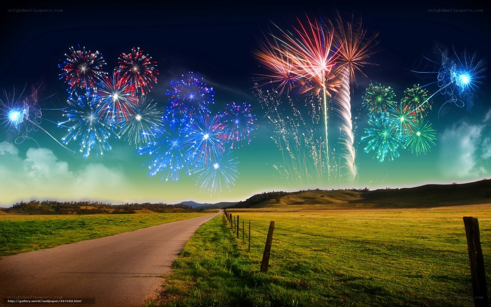 Fireworks over a country road