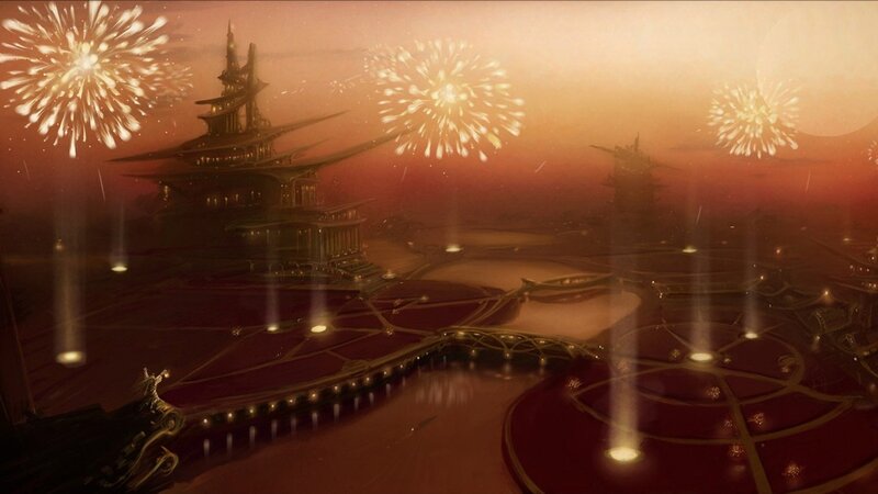 fireworks over a fantasy city