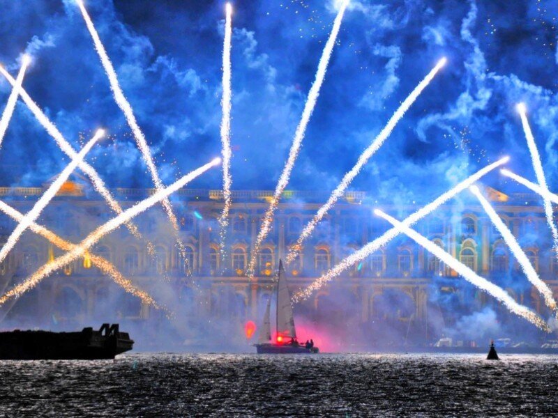 Fireworks over a historic building