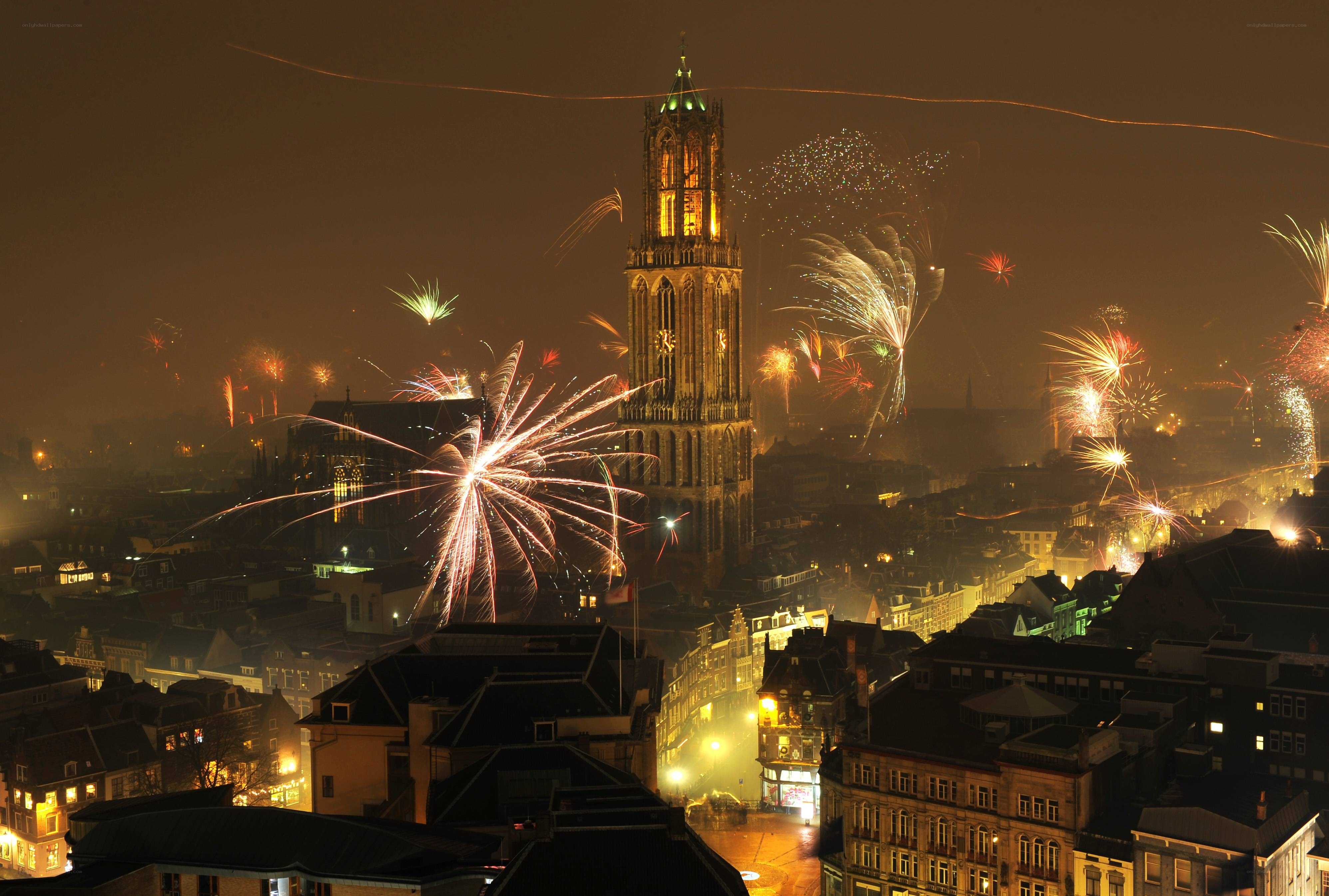Fireworks over a historic city