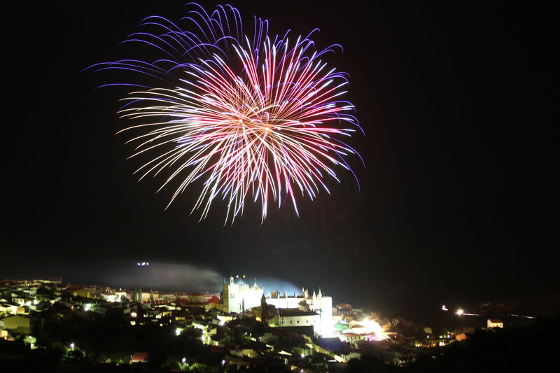 Fireworks over a historic town