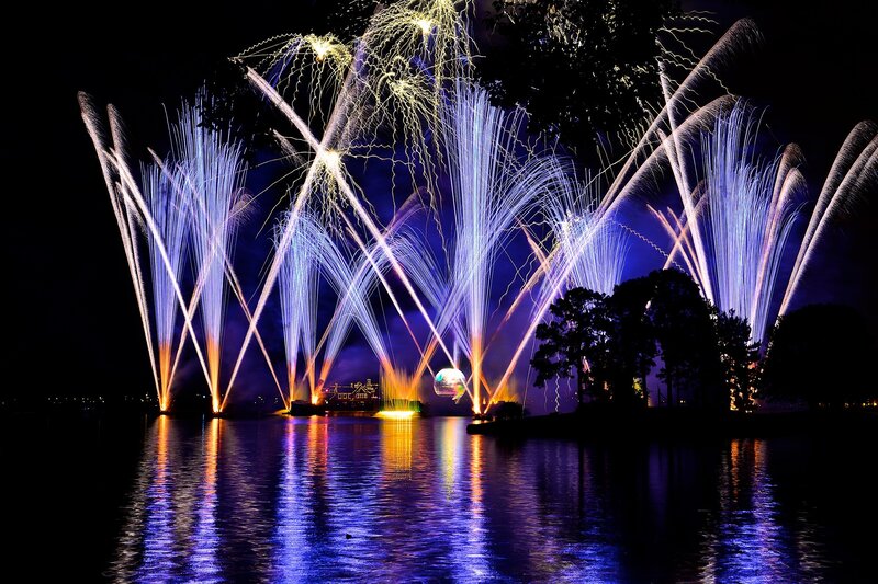 Fireworks over a lake at night