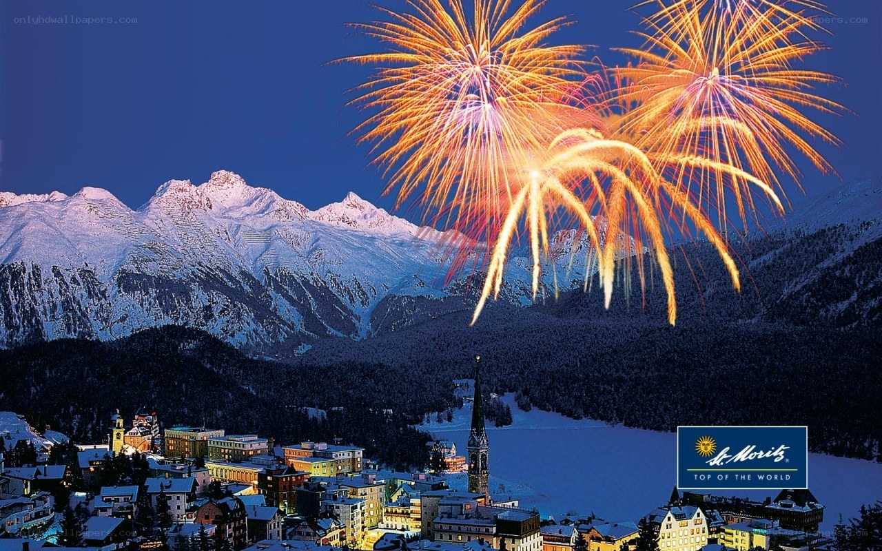 Fireworks over a mountain town