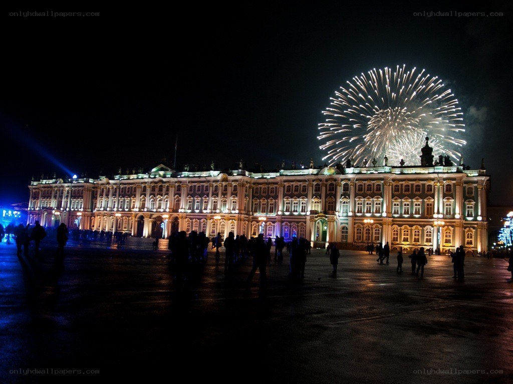 Fireworks over a palace at night