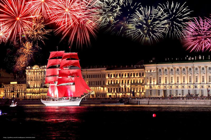 Fireworks over a sailing ship