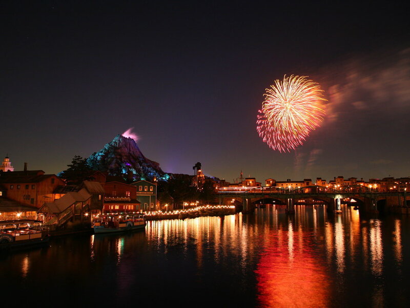 Fireworks over a themed park