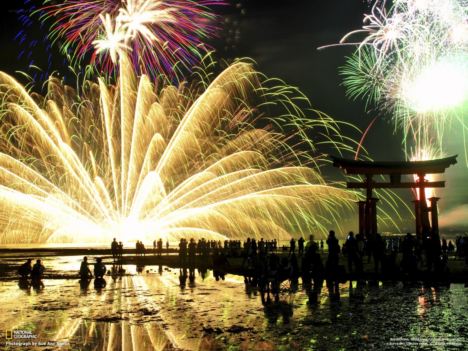 Fireworks over a torii gate