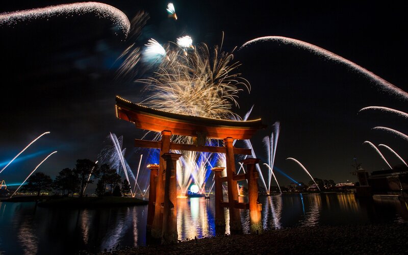 Fireworks over a torii gate