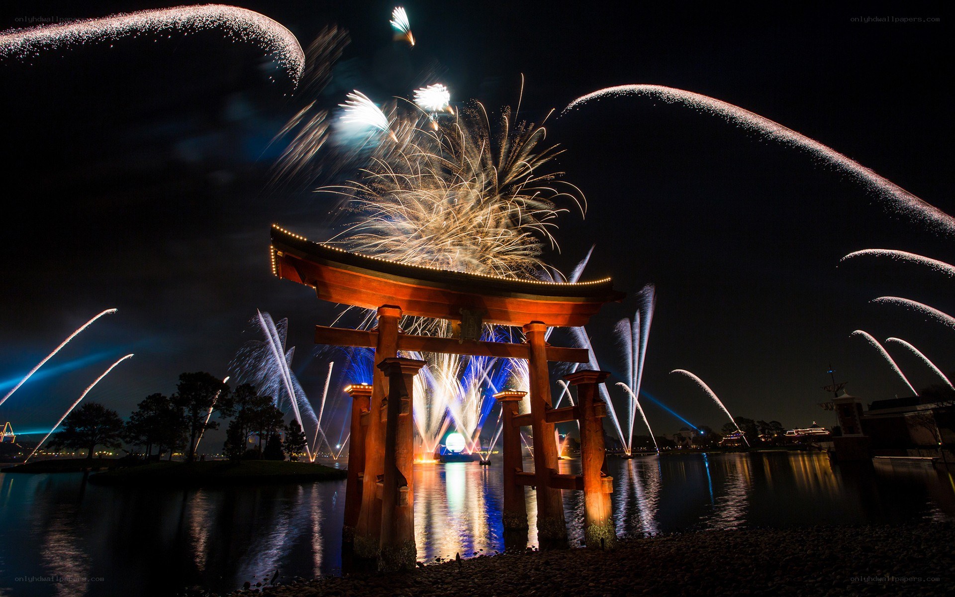 Fireworks over a torii gate