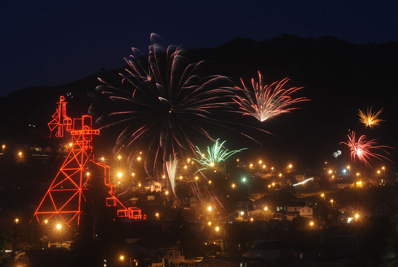 Fireworks over a town at night