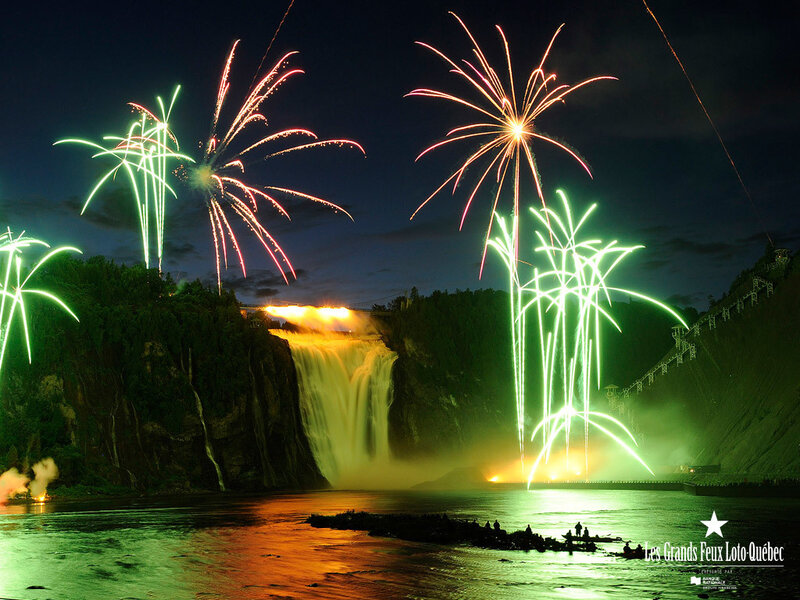 Fireworks over a waterfall