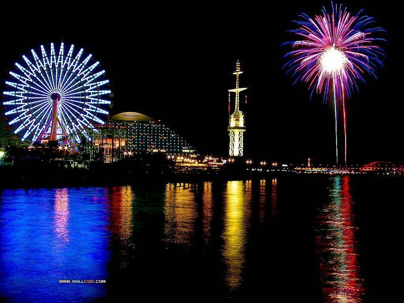 Fireworks over amusement park
