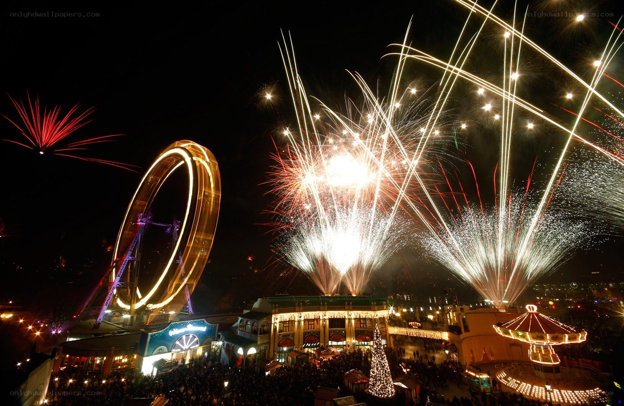 Fireworks over amusement park