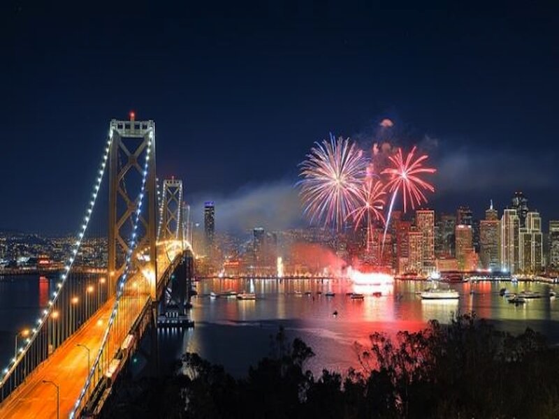 Fireworks over Bay Bridge — Blue