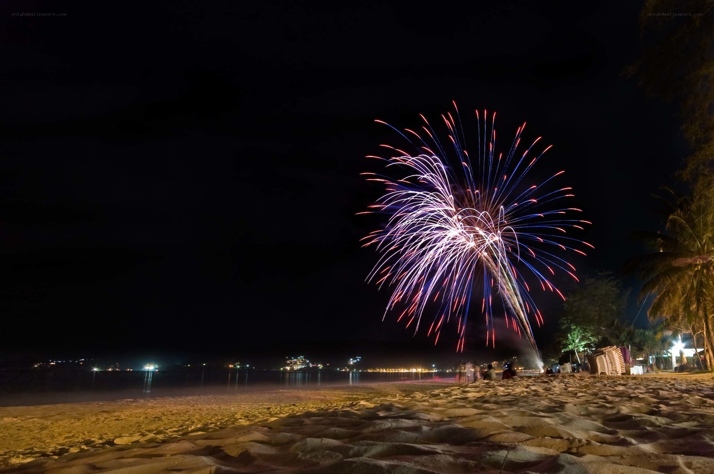Fireworks over beach at night