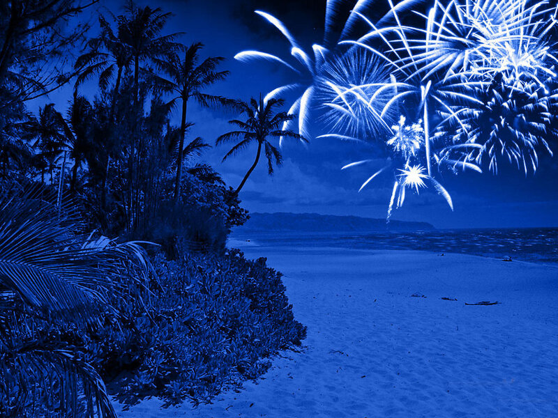 Fireworks over Beach — Blue, Dramatic