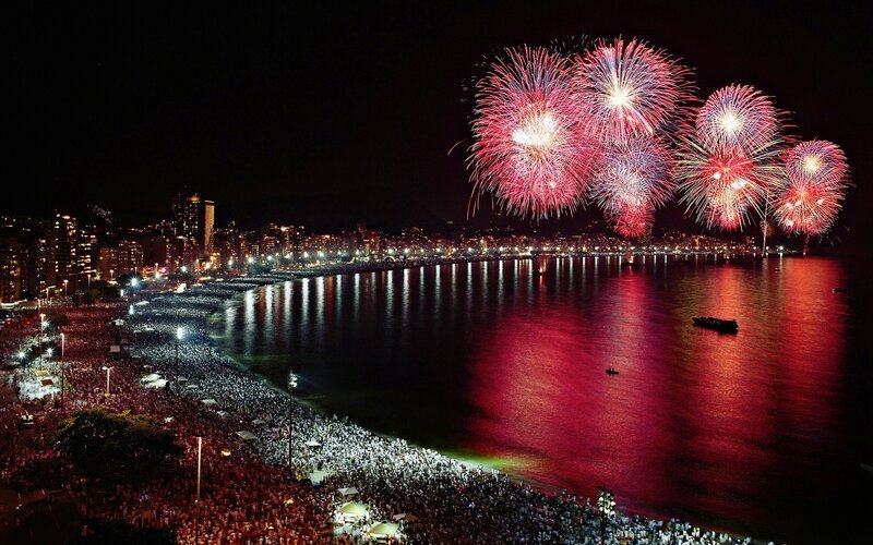 Fireworks over Beach — Red, Celebratory, Night, Photograph