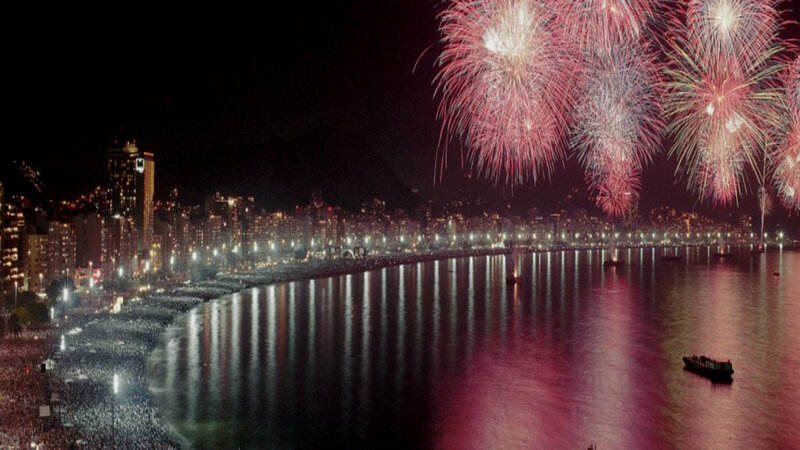 Fireworks over Beach — Red, Celebratory, Night